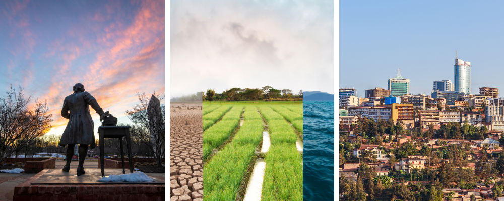 Three images illustrating the program, a statue of George Mason, a field of greenery, and the outline of a city.